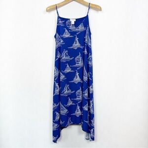 Antibes Blanc Blue Nautical Sailboats Midi Dress Size Small Spaghetti‎ Straps